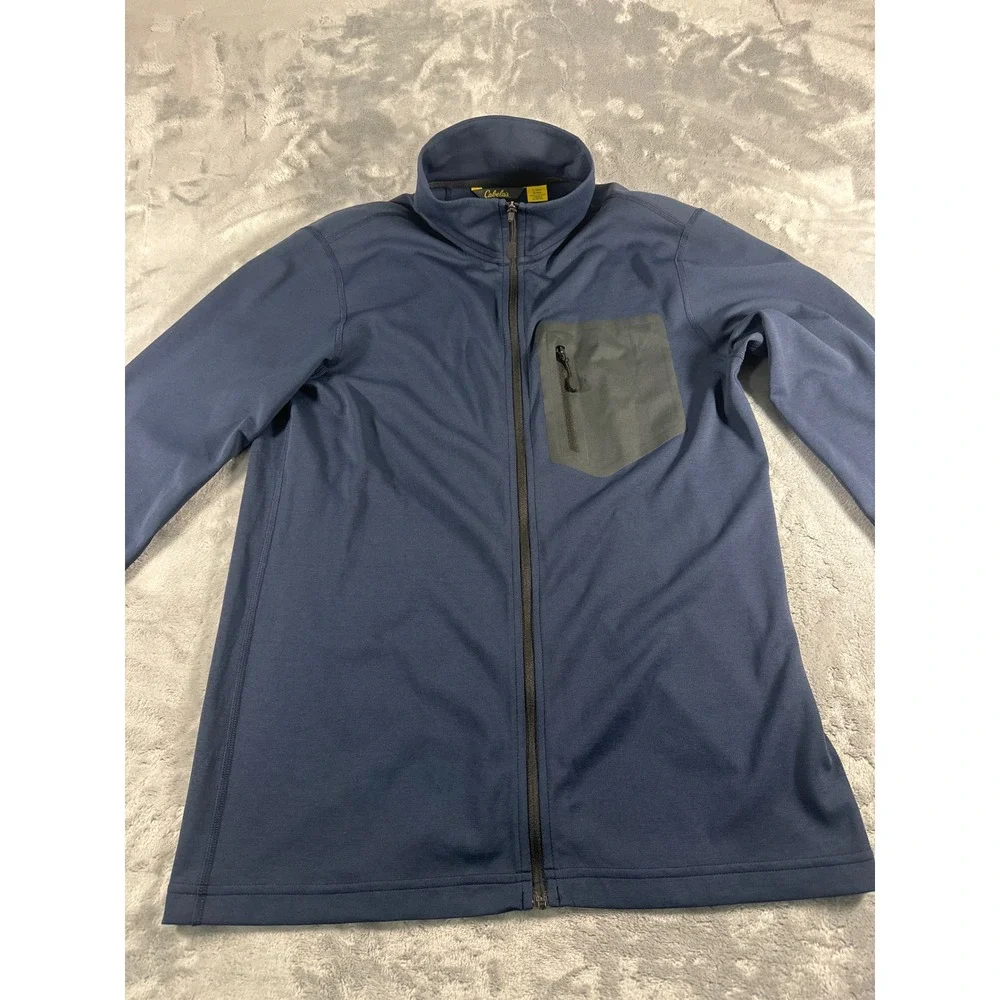 Cabelas Mens Full Zip Performance Jacket Navy Blue Chest Pocket Large Regular